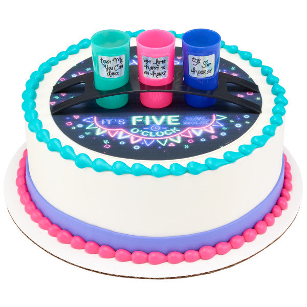 A fun, neon-themed cake featuring the shot glass topper and a "Five O'Clock" party design.