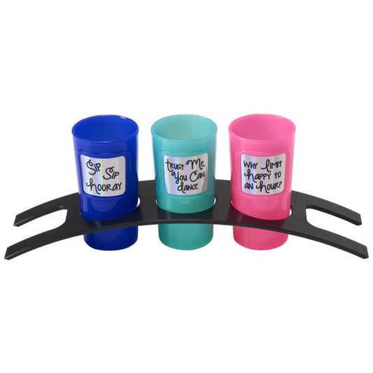 A black holder with three colorful shot glasses featuring fun party quotes.