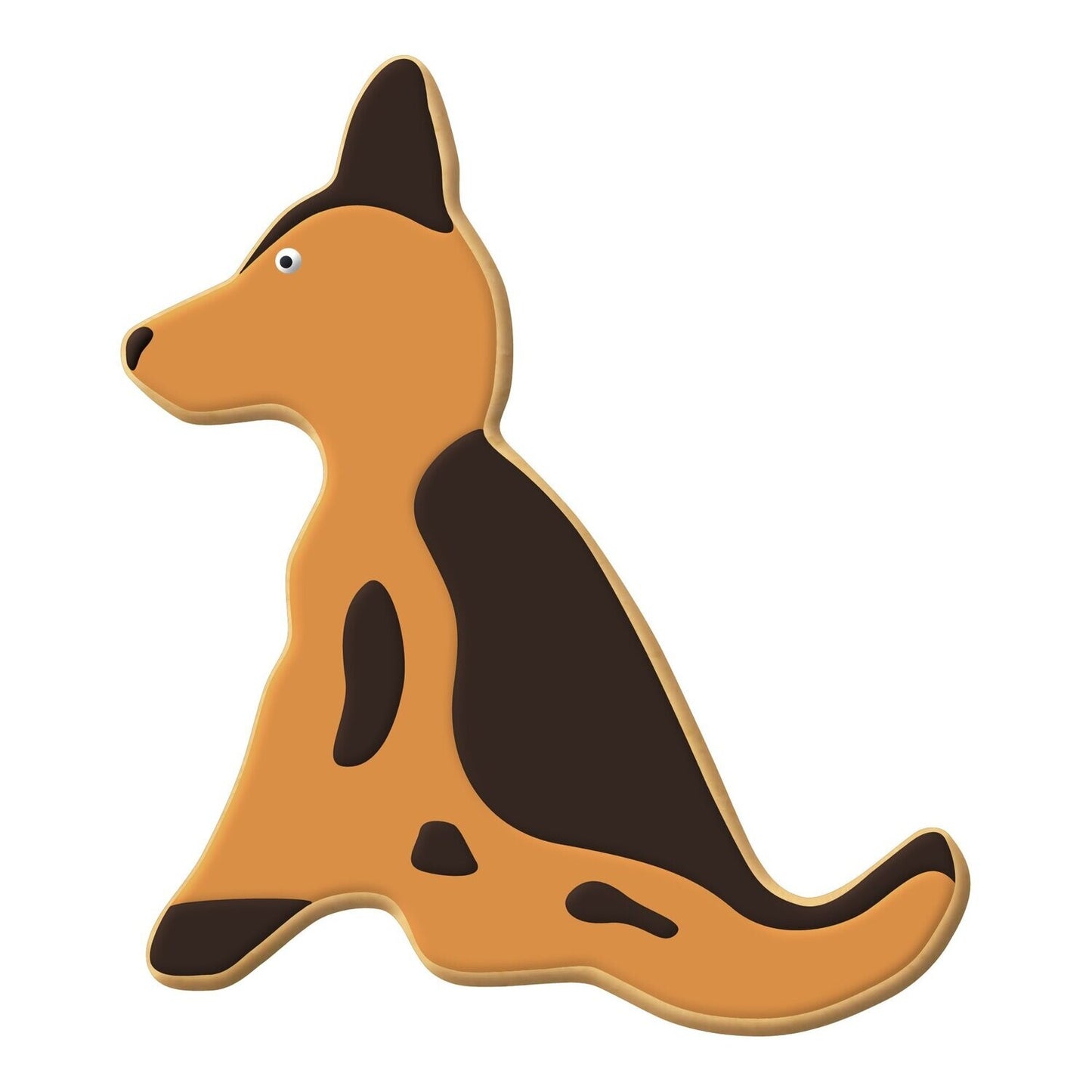 Decorated cookie in the shape of a sitting German Shepherd with brown and black icing details.