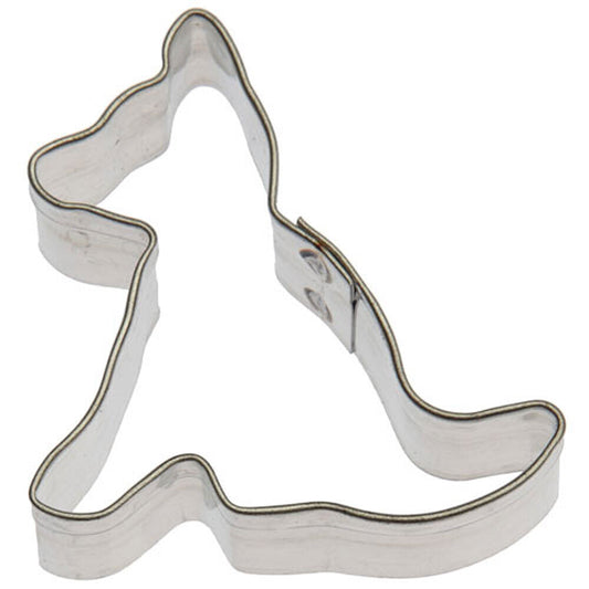 Tinplate steel cookie cutter shaped like a sitting German Shepherd dog.