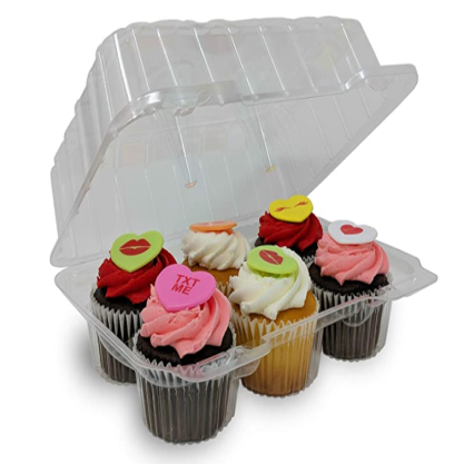 Six decorated cupcakes inside a clear 6-count hinged cupcake container with an open lid.