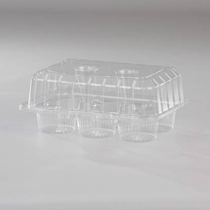 Clear 6-cup hinged cupcake and muffin container with a high-dome lid.