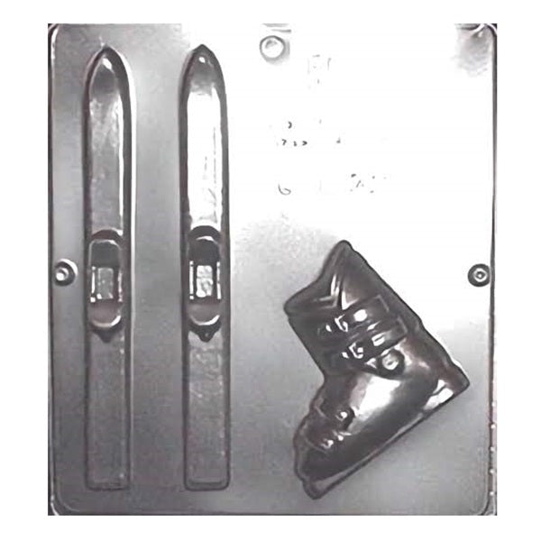 A winter-themed chocolate mold featuring pairs of skis and ski boots, intricately detailed to resemble actual winter sports gear.