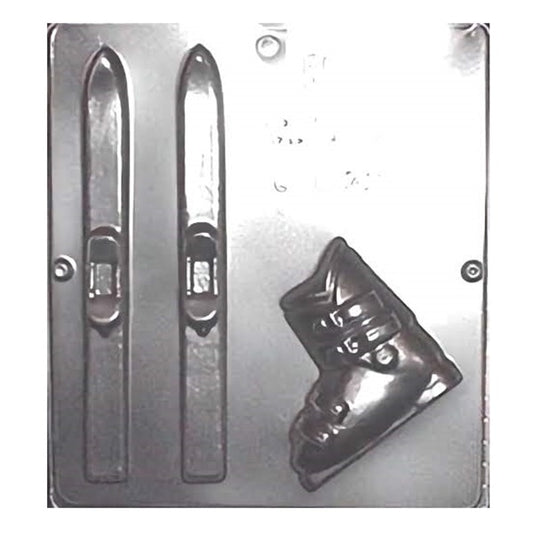 A winter-themed chocolate mold featuring pairs of skis and ski boots, intricately detailed to resemble actual winter sports gear.