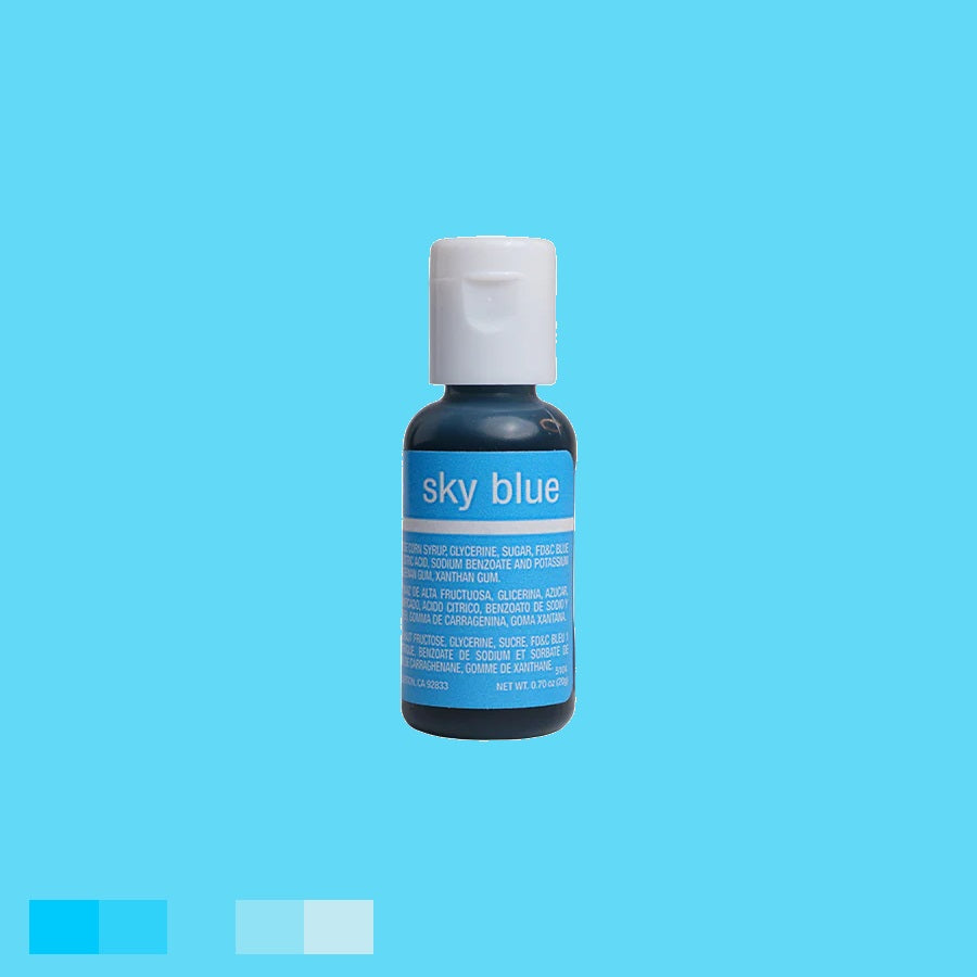 Sky blue liqua-gel coloring from Chefmaster, 0.70 oz, perfect for themed desserts, topped with white cap, against a light blue background.