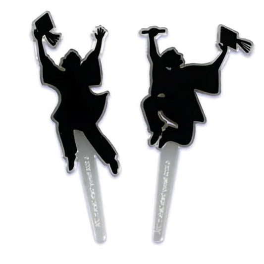 Graduation-themed cupcake picks featuring silhouettes of jubilant graduates throwing their caps into the air.