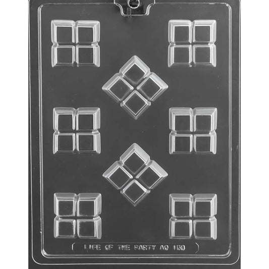 A clear plastic mold for making small break apart bars, with multiple cavities arranged in a diamond pattern.