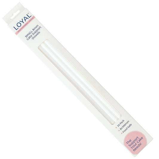 LOYAL Professional Grade package containing white small cake support dowels, labeled “Small 8mm Cake Support Dowels,” with 10-pack and 8 x 300mm details on a white background.