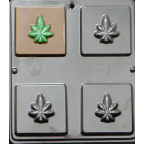 Small Marijuana Leaf Chocolate Bar Mold with four square cavities, each featuring a marijuana leaf design, ideal for crafting 3¼-inch chocolate bars.