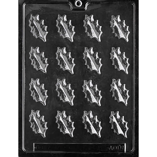 Clear plastic chocolate mold designed for making small oak leaf-shaped chocolates, featuring fifteen compartments arranged in three rows of five. Each compartment is intricately shaped like an oak leaf with detailed veining and edges. The mold is set against a black background to highlight the design details. Ideal for creating decorative, nature-themed chocolates for special occasions or as edible garnishes.