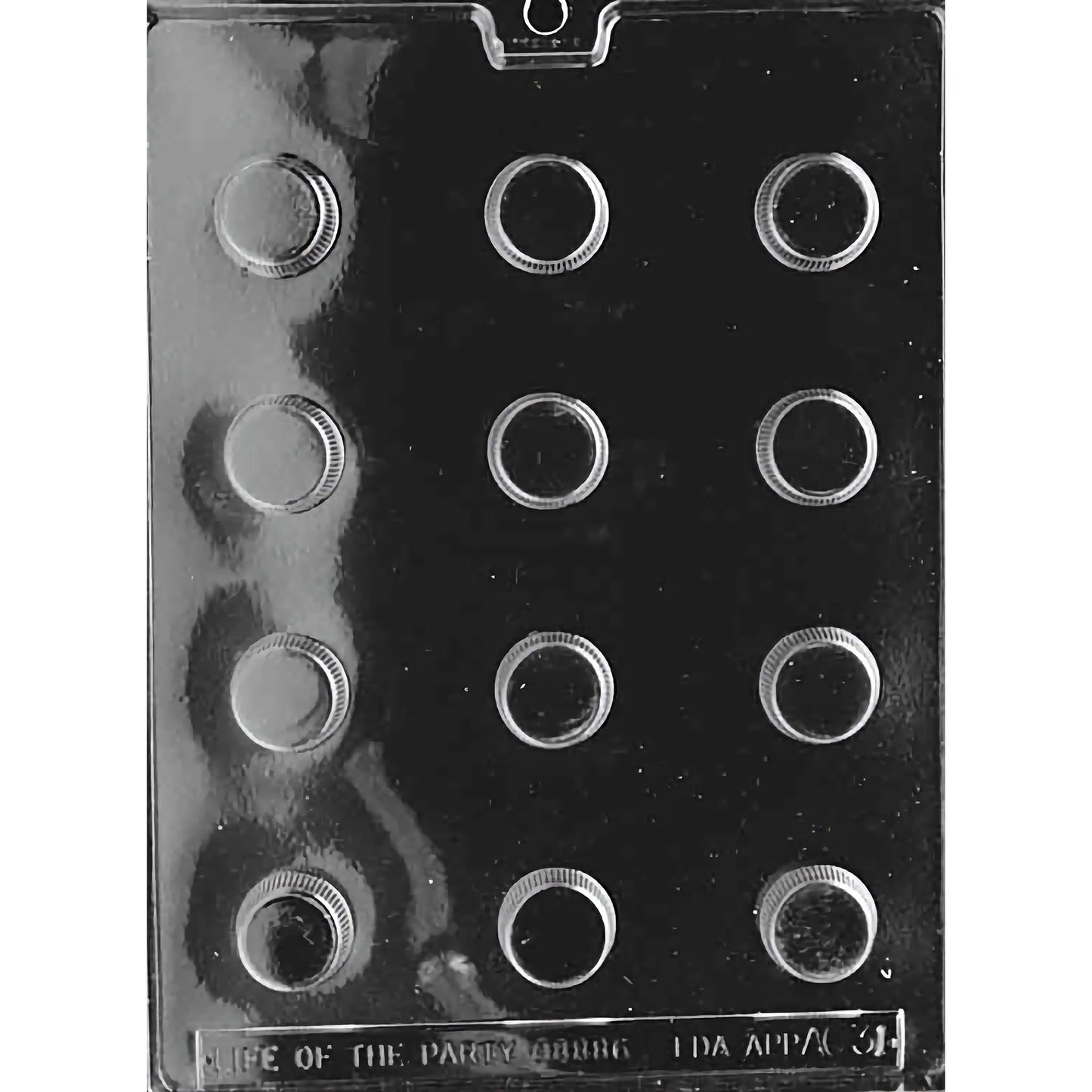 Clear plastic chocolate mold with 12 small, round cavities for making mini peanut butter cups.