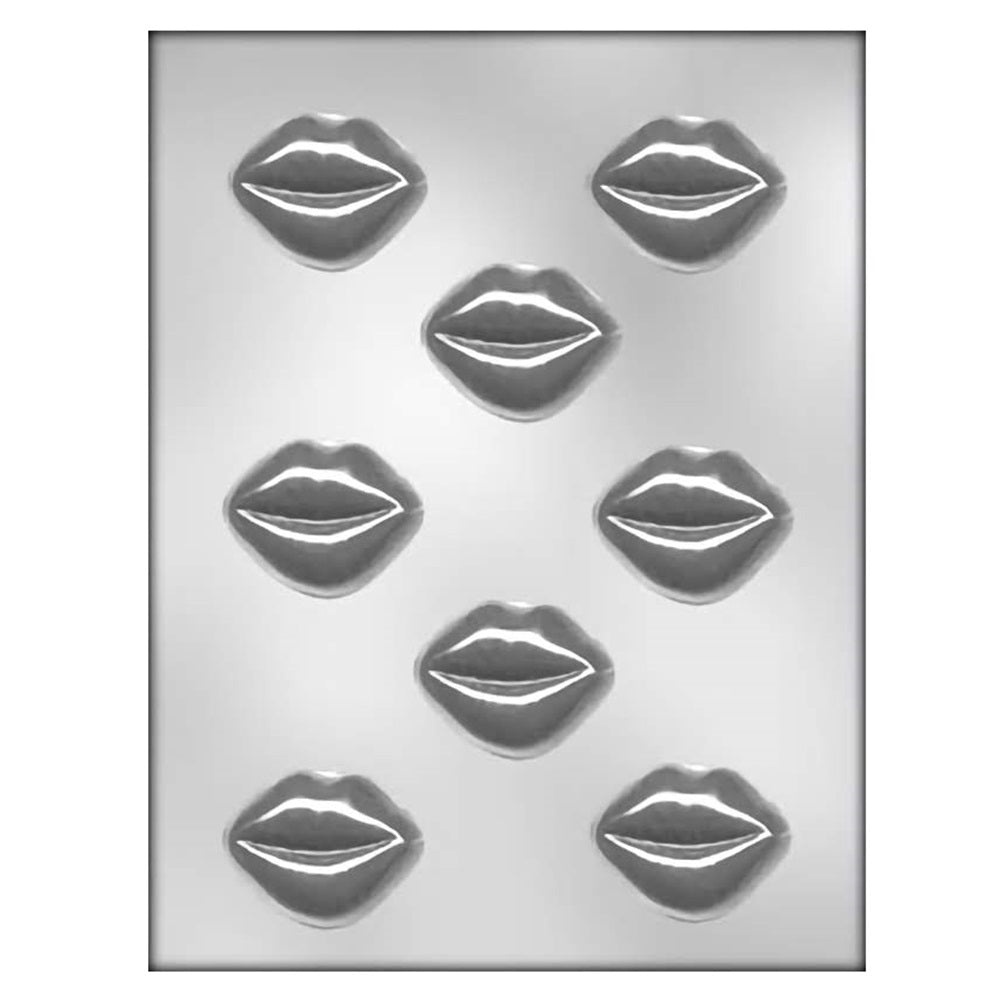 Chocolate mold with multiple cavities in the shape of stylized lips, designed for creating kiss-shaped chocolates or candy pieces with a detailed, puckered lip design.