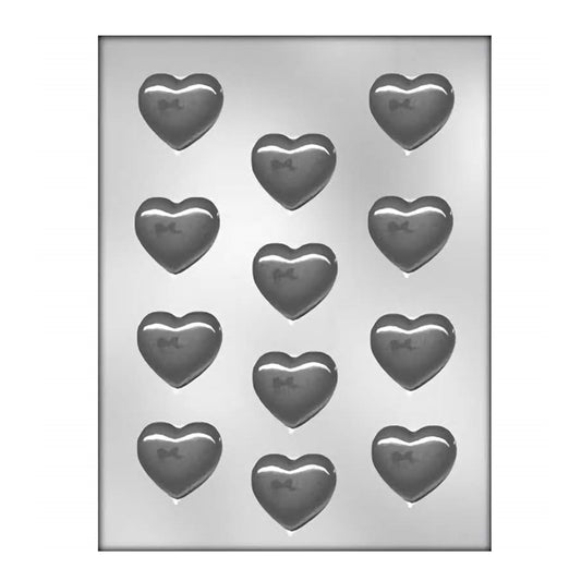 A chocolate mold featuring fifteen small heart-shaped cavities, each with a smooth, glossy finish designed for crafting uniform heart-shaped chocolates or confections.