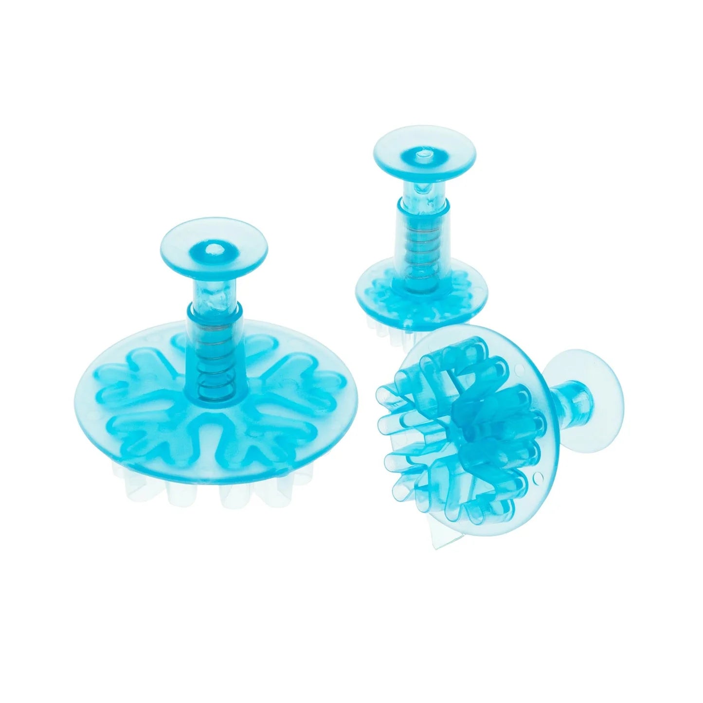 Set of three blue snowflake-shaped plunger cutters with spring-loaded handles, shown in different sizes.