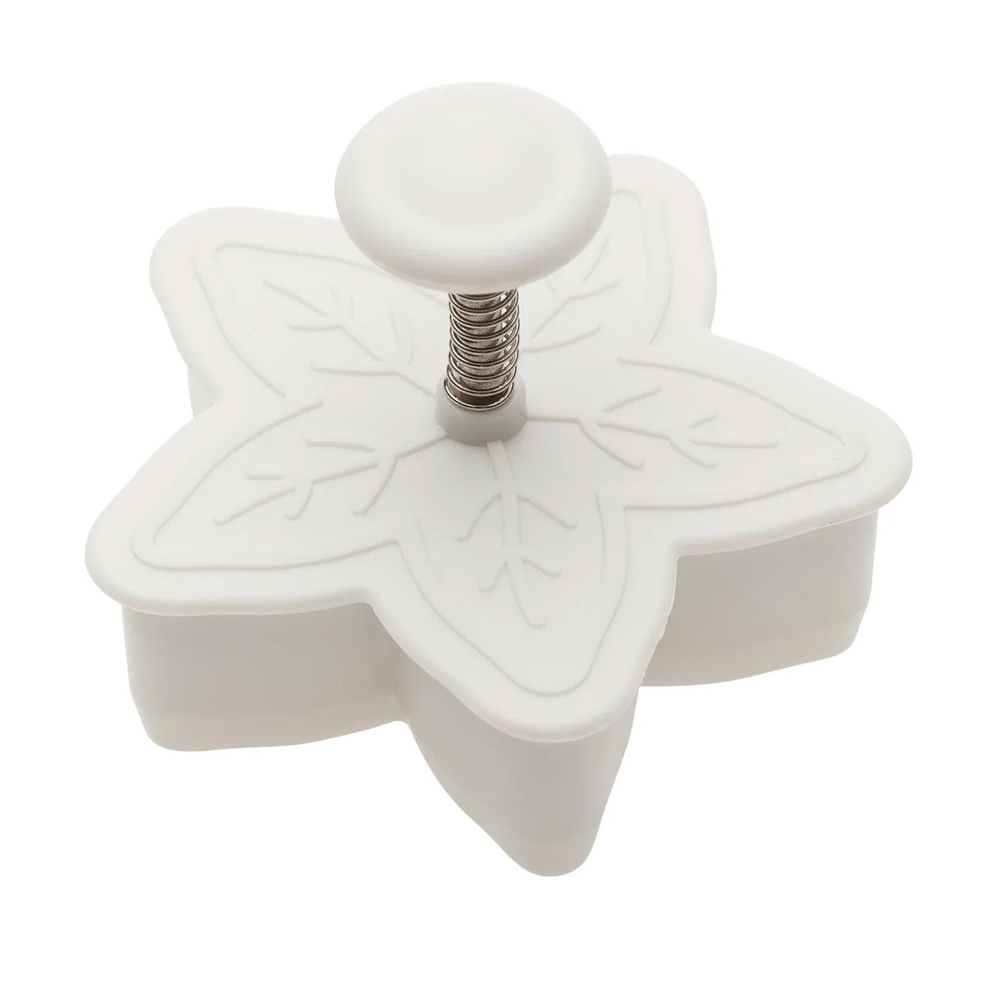 White 2-inch snowflake plunger cutter with a round button and visible spring mechanism on top, shown on a white background.