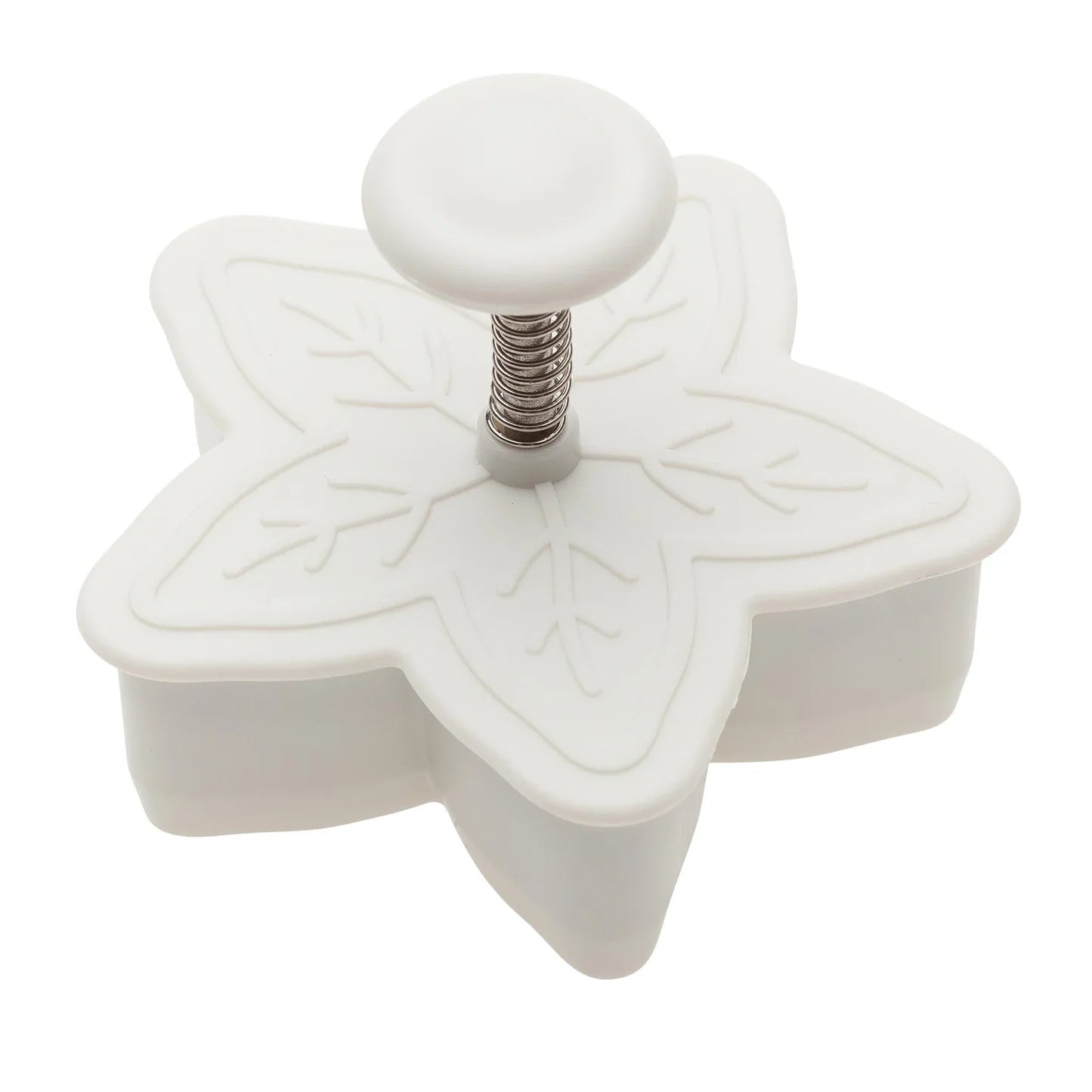 White snowflake-shaped plunger cutter with a spring-loaded handle for embossing.