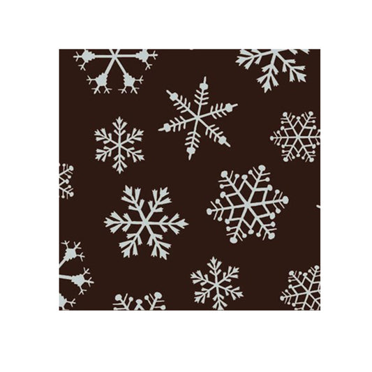 Snowflake chocolate transfer sheet with white snowflake pattern on dark chocolate background, sized 11" x 15".