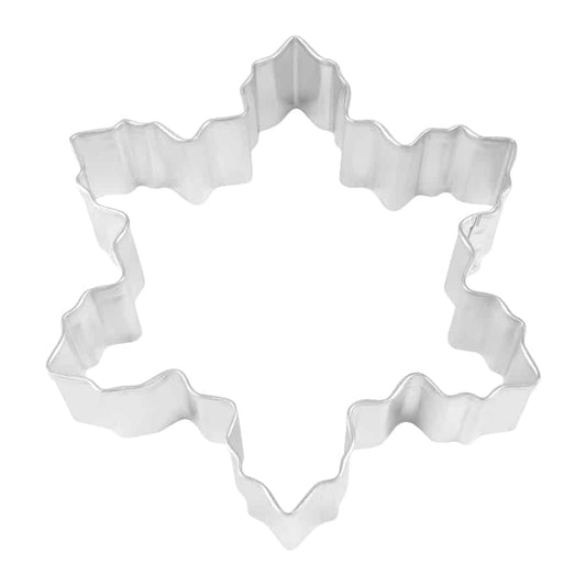 4-inch metal snowflake cookie cutter with fluted edge, ideal for winter cookie designs and fondant shapes.