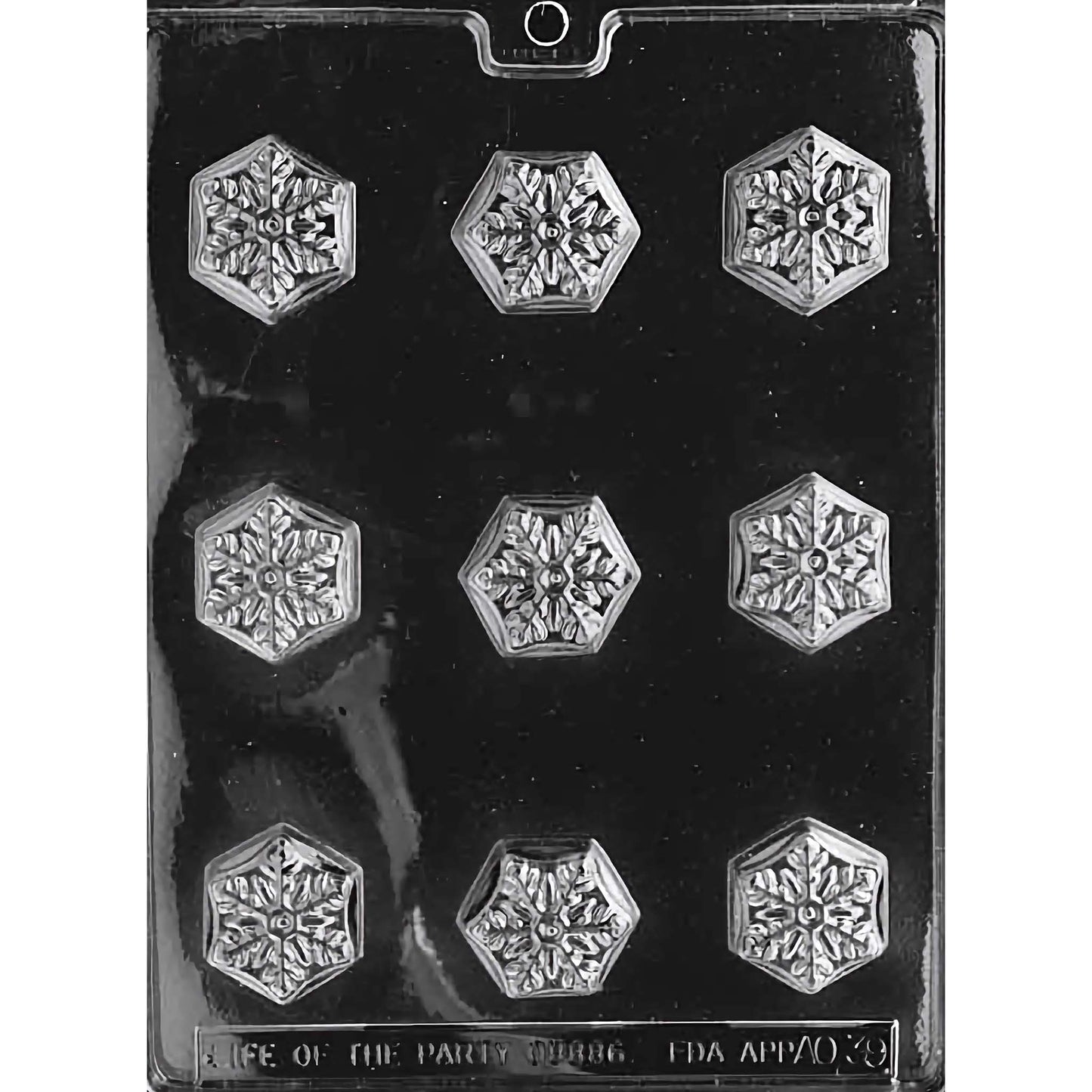 Chocolate mold featuring detailed snowflake designs, with 9 cavities for creating festive snowflake-themed chocolates.