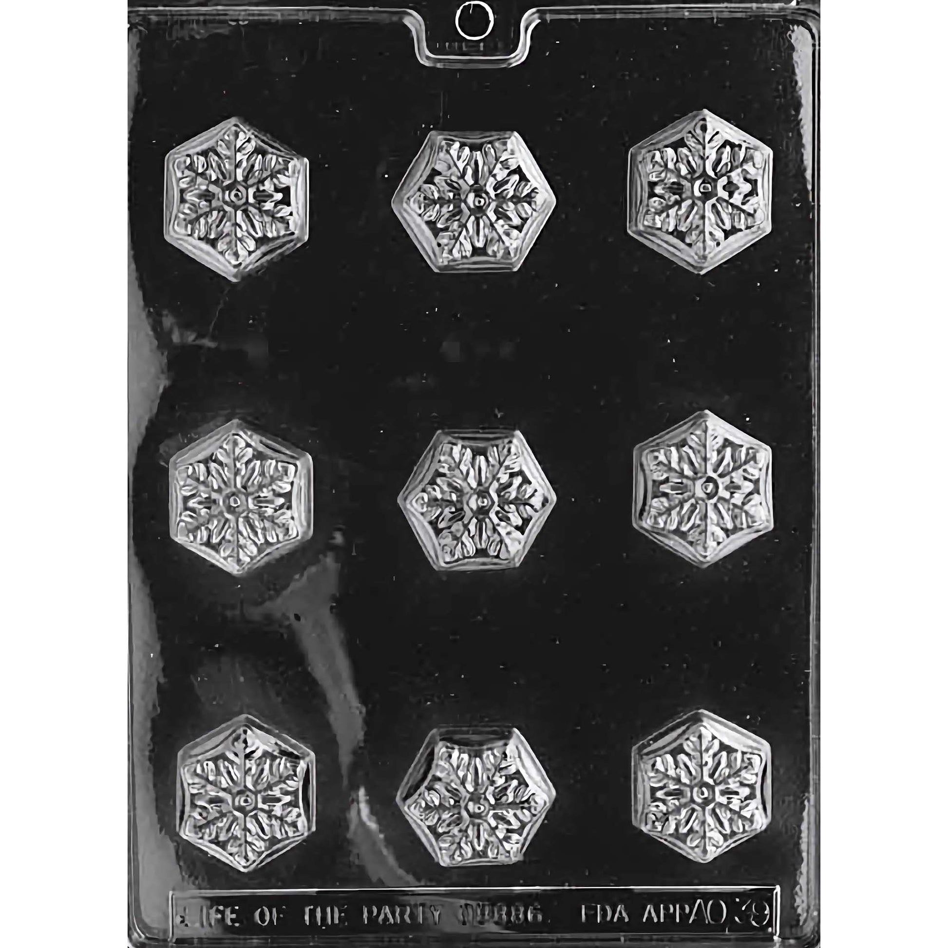 Chocolate mold featuring detailed snowflake designs, with 9 cavities for creating festive snowflake-themed chocolates.