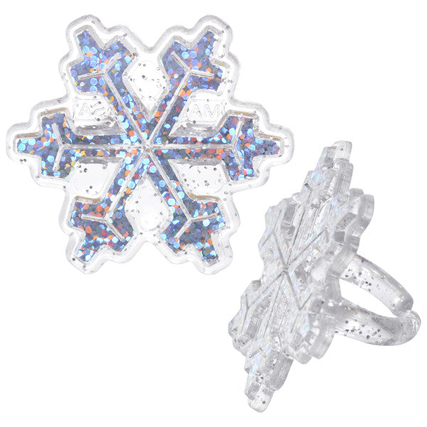 Hologram snowflake cupcake rings featuring a clear glittery snowflake design, molded in plastic with holographic sparkles.