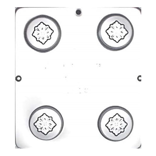 The image shows a clear plastic chocolate mold designed to imprint a snowflake design onto chocolate-covered Oreos. There are four round cavities, each featuring a detailed snowflake pattern in the center that will leave a decorative impression on the finished chocolate piece. 