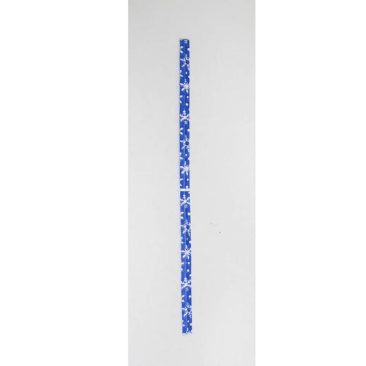 A single blue paper twist tie patterned with white snowflakes. The tie is laid out straight against a light grey background, which contrasts with the vivid blue and highlights the delicate snowflake pattern. The festive design suggests a seasonal or winter theme, suitable for holiday packaging.