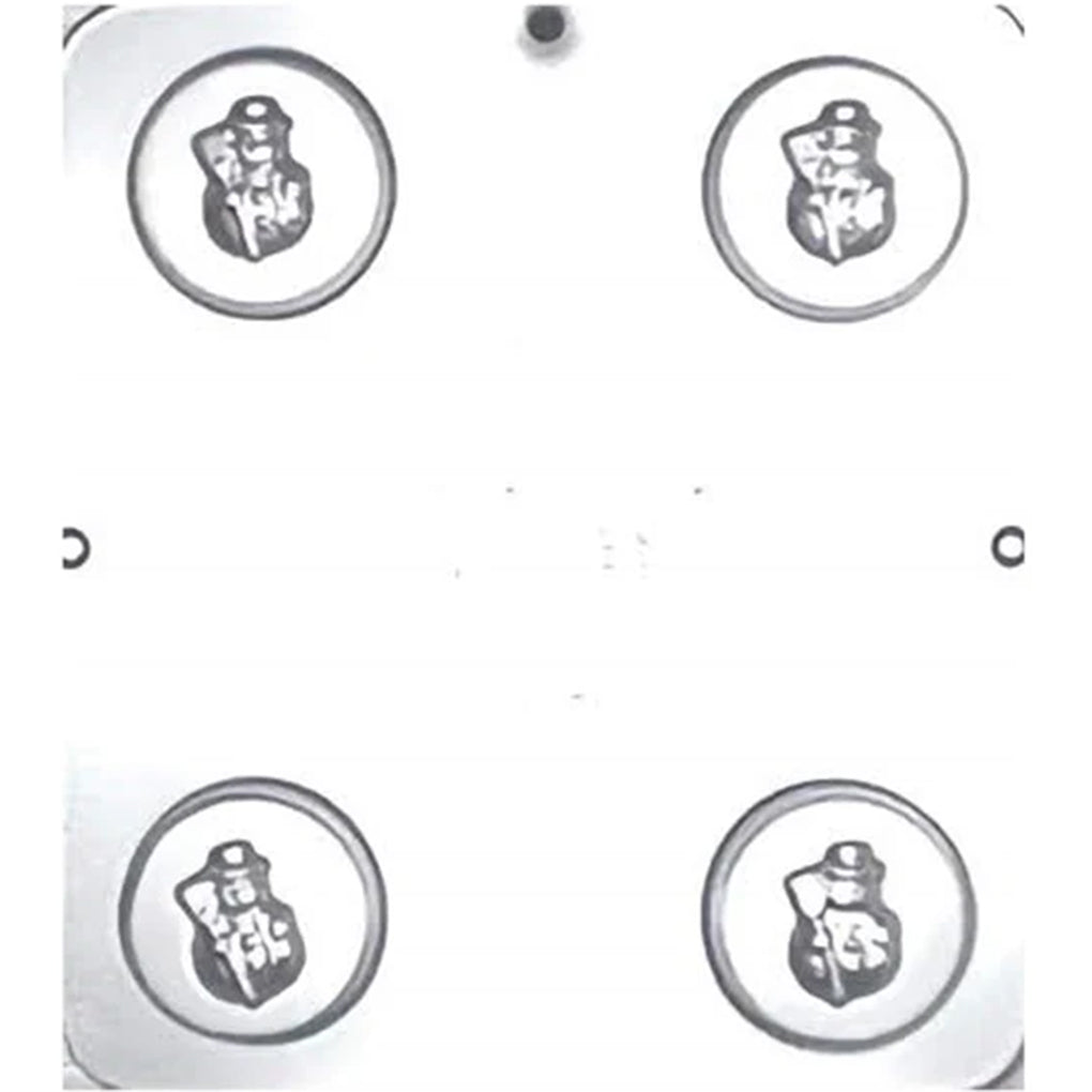 Clear plastic chocolate mold with four round cavities, each featuring a raised snowman design in the center, shown on a white background.