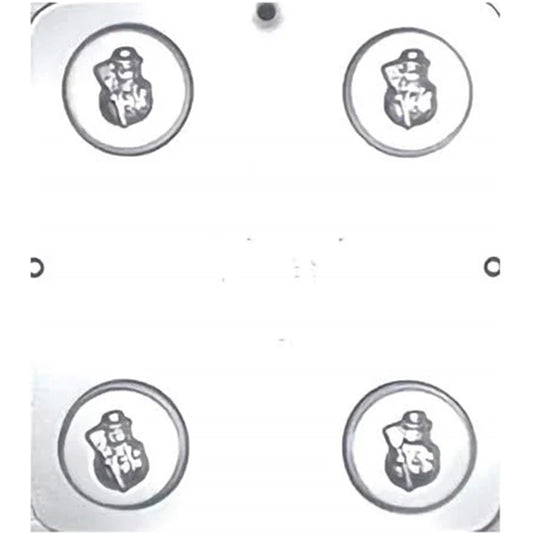 Clear plastic chocolate mold with four round cavities, each featuring a raised snowman design in the center, shown on a white background.