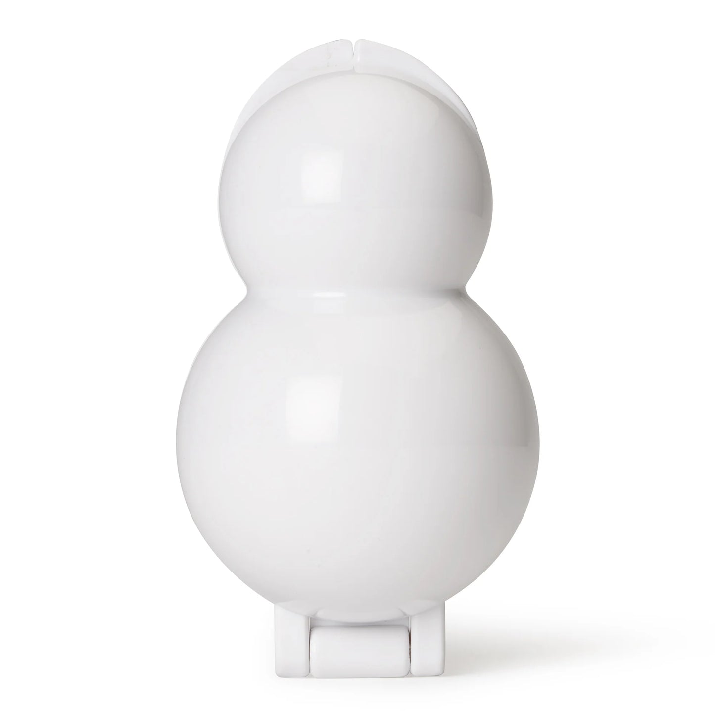 Closed snowman-shaped cake pop mold in glossy white plastic, designed to form double-sphere treats for creative cake pop designs.