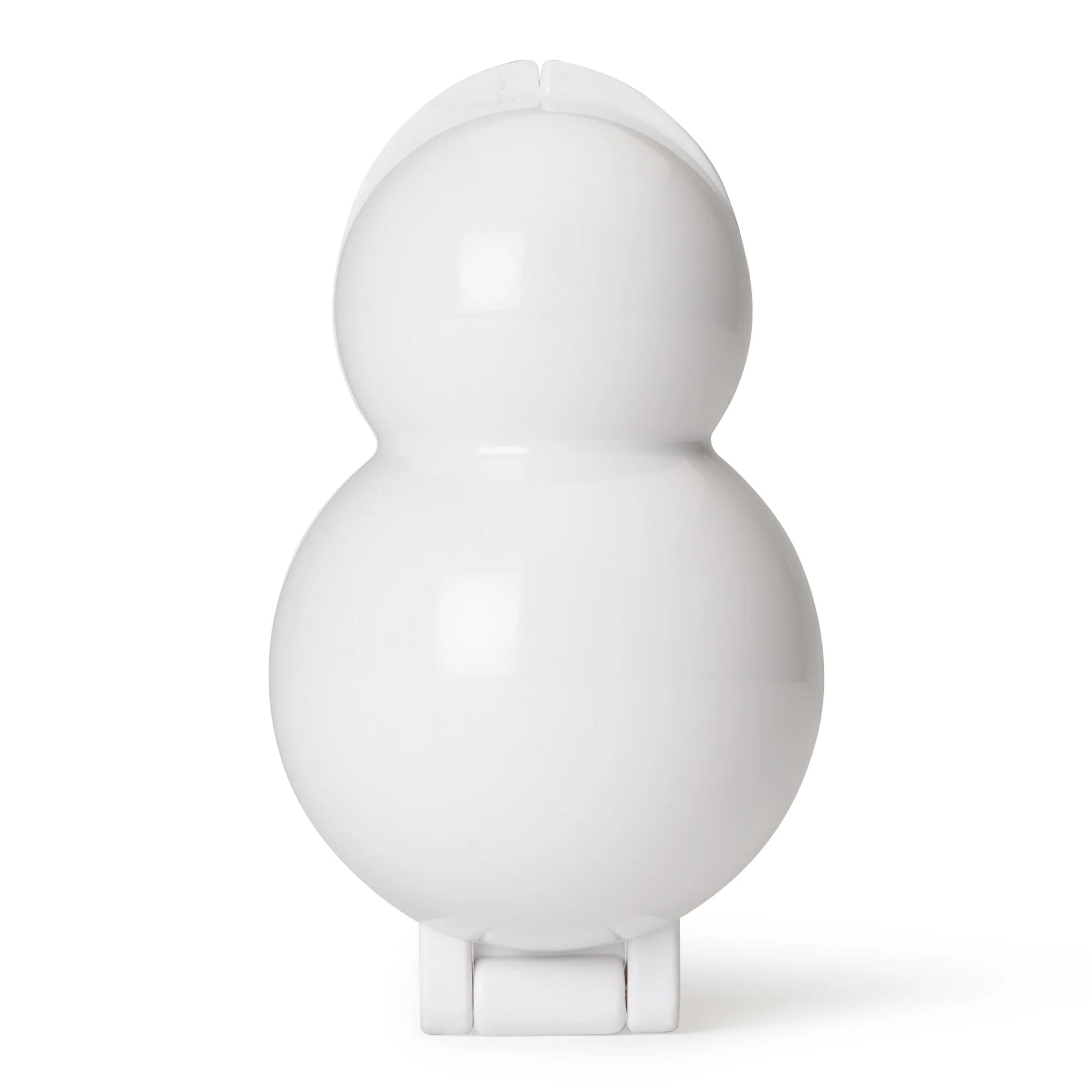 Closed snowman-shaped cake pop mold in glossy white plastic, designed to form double-sphere treats for creative cake pop designs.