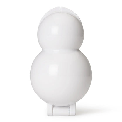 Closed snowman-shaped cake pop mold in glossy white plastic, designed to form double-sphere treats for creative cake pop designs.