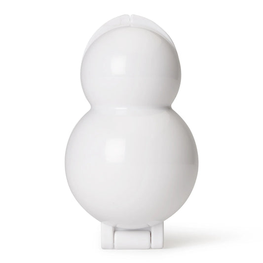 Closed snowman-shaped cake pop mold in glossy white plastic, designed to form double-sphere treats for creative cake pop designs.