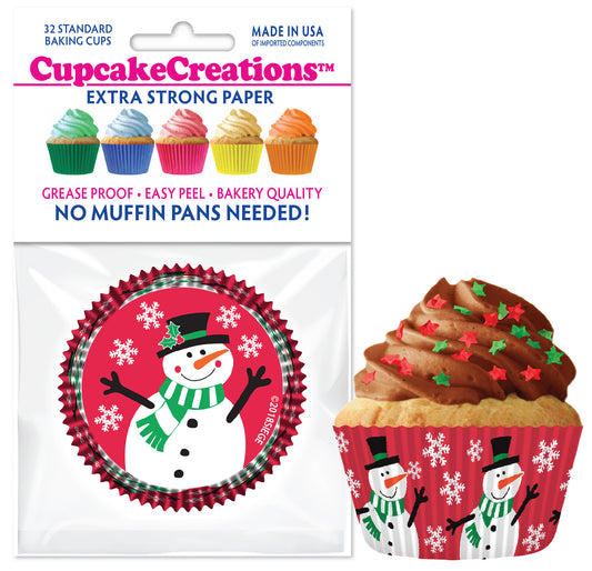 Pack of 32 snowman cupcake baking cups with red background and snowflake design, shown with chocolate-frosted cupcake topped with red and green star sprinkles.