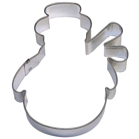 Tin plated cookie cutter shaped like a snowman wearing a scarf.