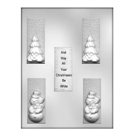 Seasonal chocolate bar mold featuring a snow-covered Christmas tree and a festive message, great for holiday confections or gifts.