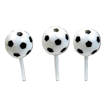 Soccer cupcake picks, twelve-pack, designed as black and white soccer balls, perfect for adding a playful touch to sports-themed parties and soccer fan gatherings.
