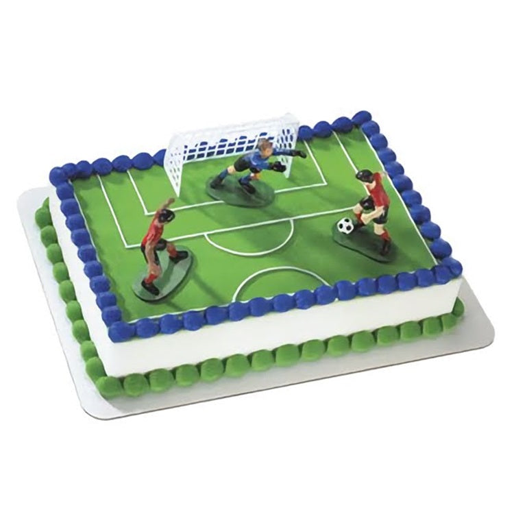 Soccer kick-off boys cake decorating kit, with player figurines in a striking soccer field setup, complete with goal posts for sports-themed parties.