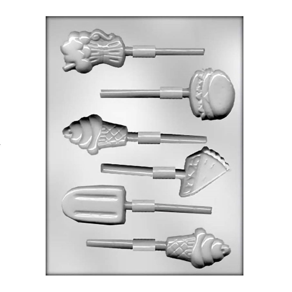 A detailed chocolate lollipop mold featuring classic soda fountain treats, including two ice cream cones with a textured wrap, two popsicles with visible bite marks, and two soft-serve ice cream cones, perfect for nostalgic themed parties or summer events.