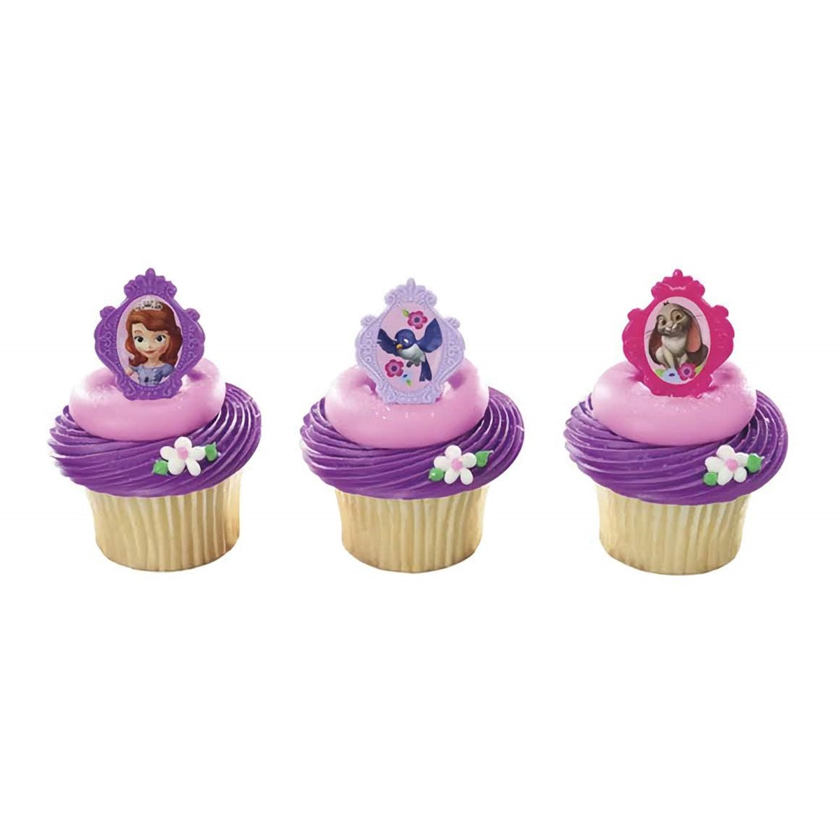A set of cupcakes topped with 'Sofia the First' character rings, displaying Sofia, Clover, and Whatnaught in a purple and pink royal setting.