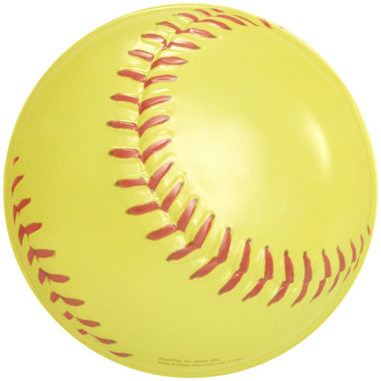 Bright yellow softball cake topper with raised red stitching detail, measuring 4.8 x 4.8 x 0.65 inches.