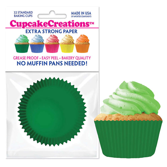 Pack of thirty-two standard-sized green baking cups, featuring extra-strong all-natural paper, greaseproof and easy-peel qualities for a professional bakery look, ideal for making St. Patrick's Day themed cupcakes or muffins.