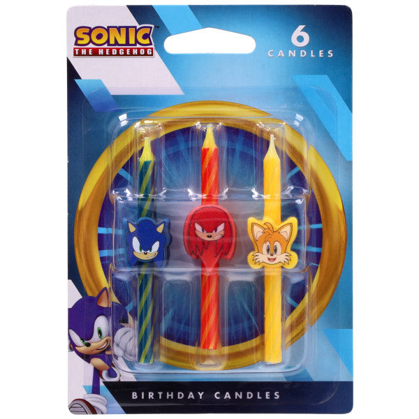 Sonic the Hedgehog birthday candles pack showing six candles with character toppers for Sonic, Knuckles, and Tails on striped candles inside a blue retail card.
