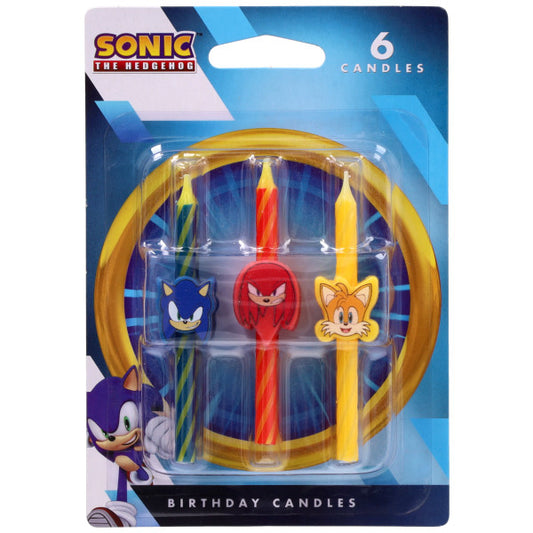 Sonic the Hedgehog birthday candles pack showing six candles with character toppers for Sonic, Knuckles, and Tails on striped candles inside a blue retail card.