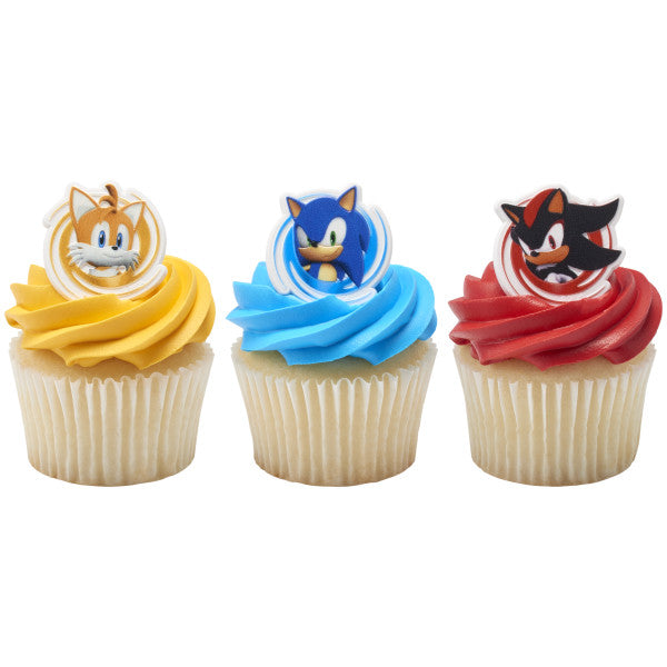 Cupcakes topped with Sonic the Hedgehog character rings featuring Sonic, Shadow, and Tails designs.