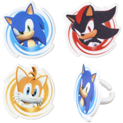 Set of Sonic the Hedgehog cupcake rings showing Sonic, Shadow, and Tails character faces with colorful backgrounds.
