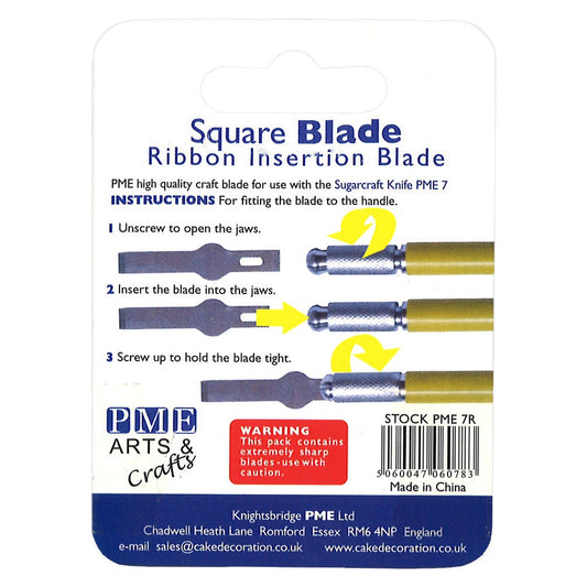 Instructions for fitting PME ribbon blades into the sugarcraft knife handle, with visual guide and safety warning.