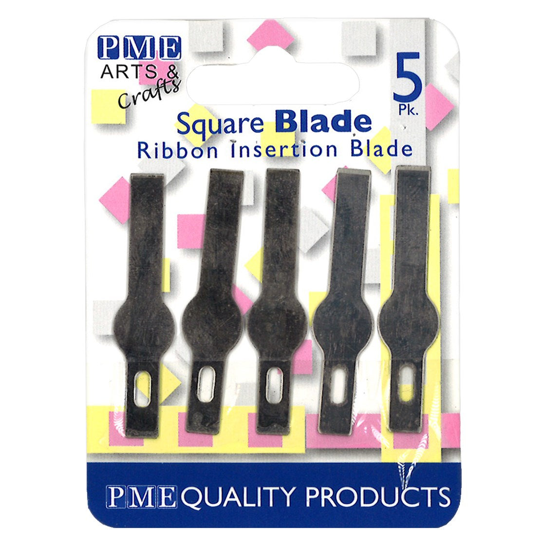 Pack of 5 PME square ribbon insertion blades on card backing, designed for sugarcraft knife use, 32mm each.