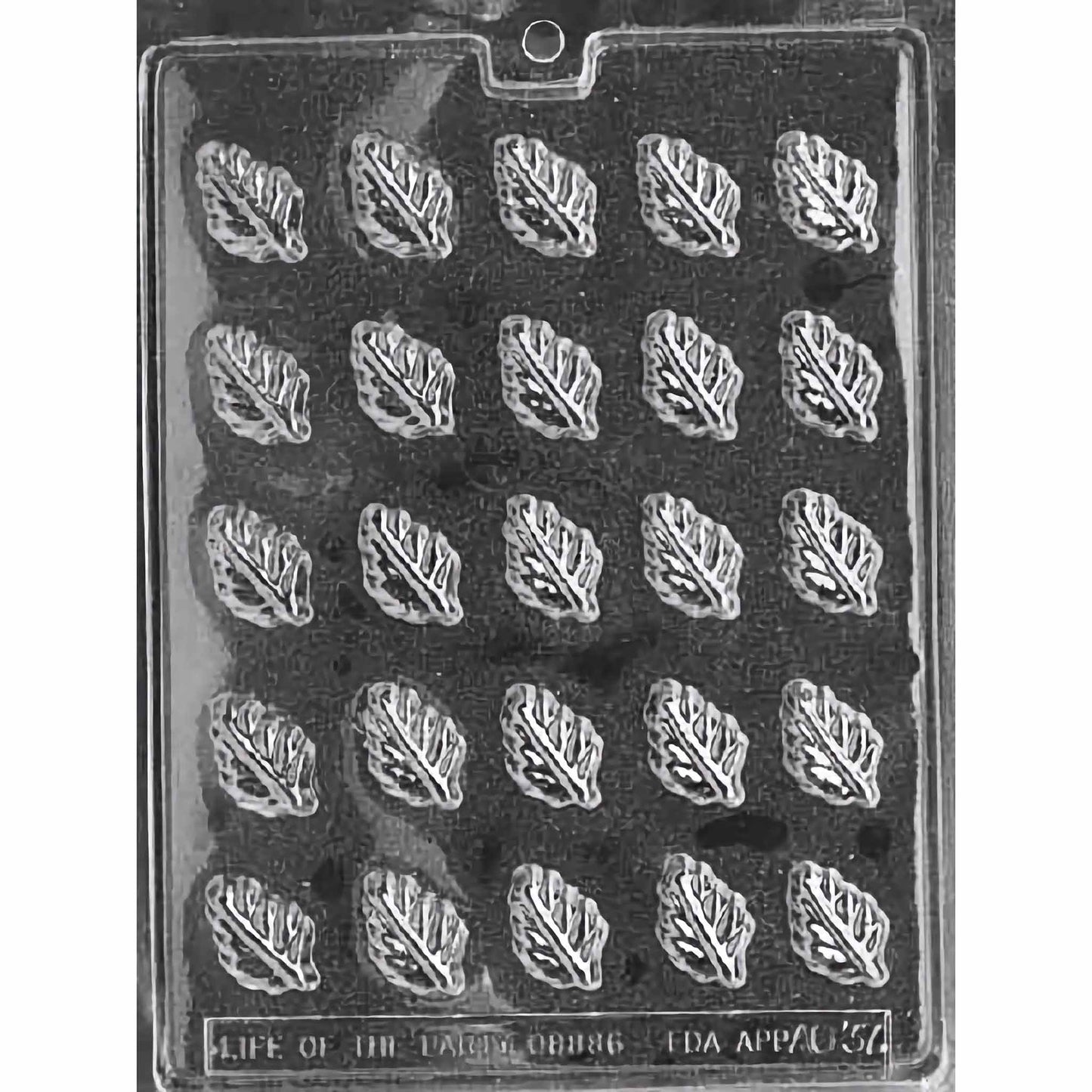 Clear plastic chocolate mold with 25 cavities shaped like detailed spearmint leaves.