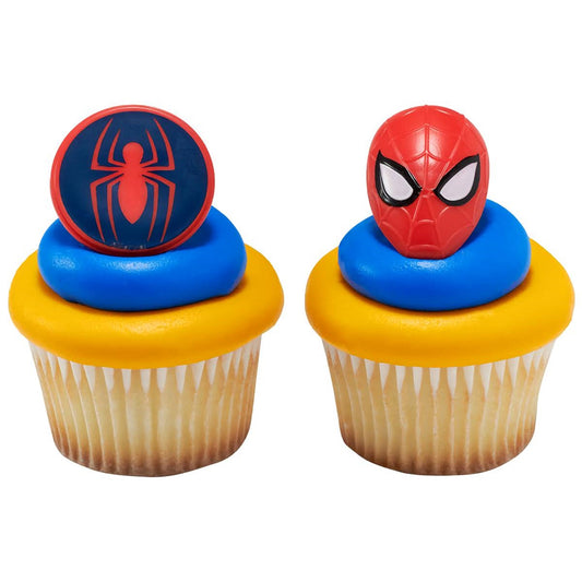 Dynamic Spider-Man cupcake topper rings showcasing the superhero's emblem and mask set against vivid blue and yellow fondant, ideal for super-powered celebrations, offered at Lynn's Cake, Candy, and Chocolate Supplies.